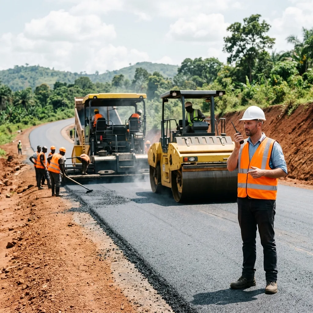 Ugandan road construction crew and site engineer supervising paving in Uganda