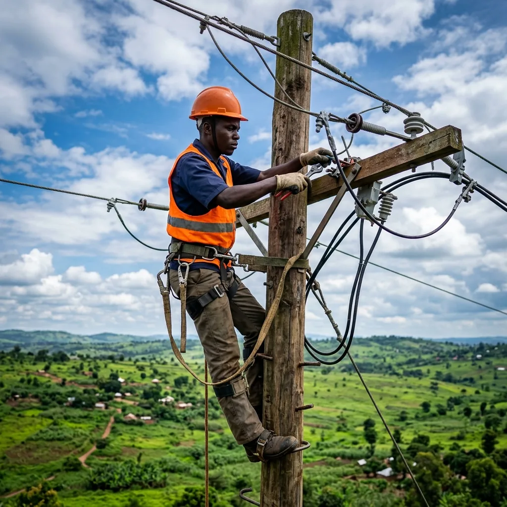 Certified Ugandan electrical engineer working on a power line in Kampala